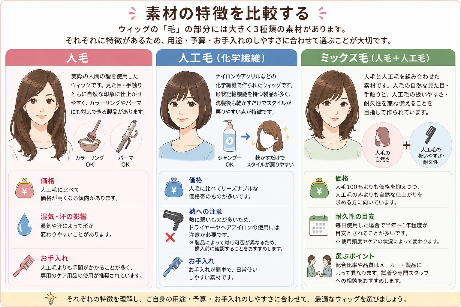 かつら・ウィッグ素材の特徴を比較